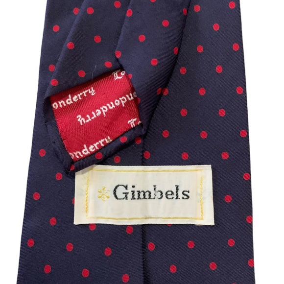 Gimbels navy tie with red polkadots. Vintage tie from Londonderry Ireland. EUC - Picture 2 of 4